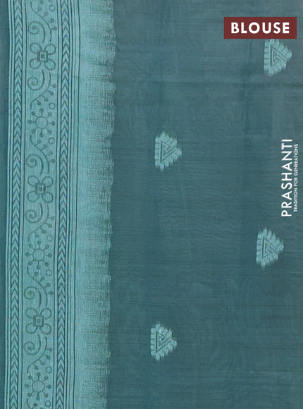Semi jute silk saree teal green shade and peacock blue with thread woven buttas and warli design weaving pallu