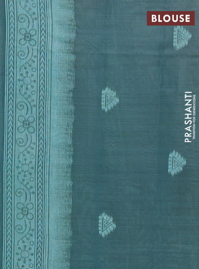 Semi jute silk saree teal green shade and peacock blue with thread woven buttas and warli design weaving pallu