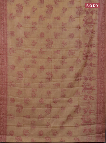 Semi jute silk saree beige and maroon shade with thread woven buttas and warli design weaving pallu