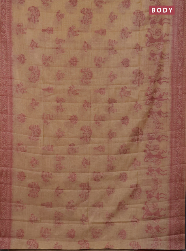 Semi jute silk saree beige and maroon shade with thread woven buttas and warli design weaving pallu