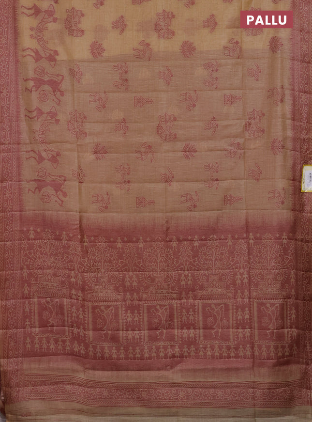 Semi jute silk saree beige and maroon shade with thread woven buttas and warli design weaving pallu