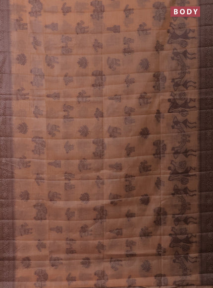Semi jute silk saree pale orange and brown with thread woven buttas and warli design weaving pallu