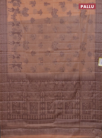 Semi jute silk saree pale orange and brown with thread woven buttas and warli design weaving pallu