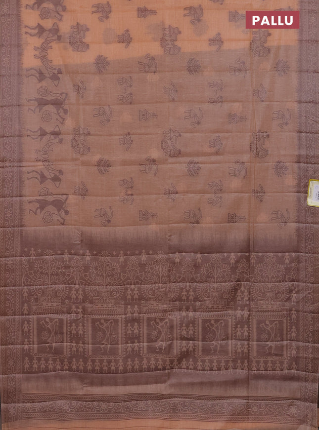 Semi jute silk saree pale orange and brown with thread woven buttas and warli design weaving pallu