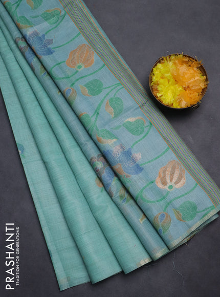 Semi jute silk saree teal blue shade and blue with thread & zari woven buttas and floral design weaving pallu