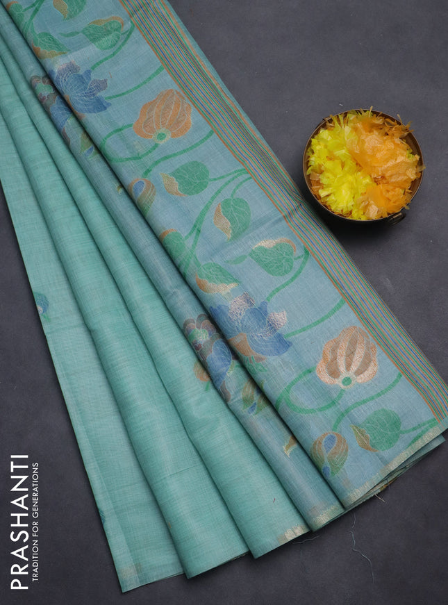 Semi jute silk saree teal blue shade and blue with thread & zari woven buttas and floral design weaving pallu