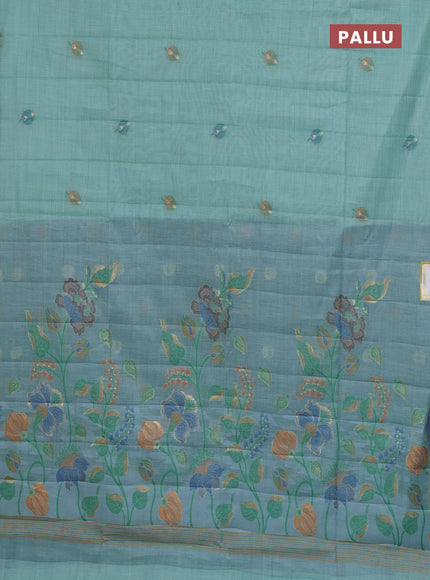 Semi jute silk saree teal blue shade and blue with thread & zari woven buttas and floral design weaving pallu