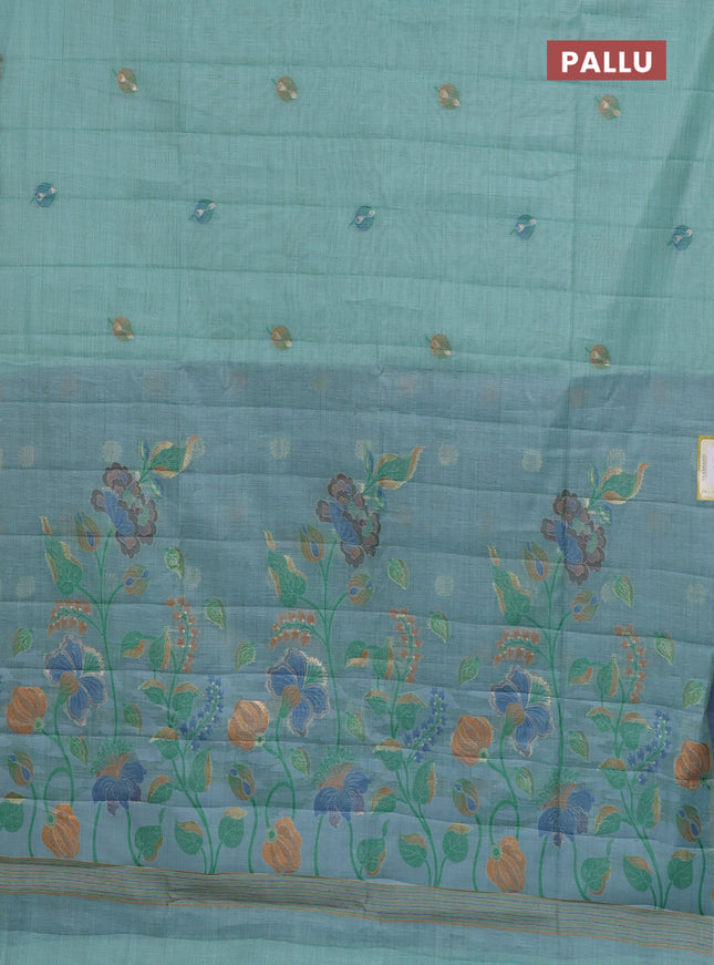 Semi jute silk saree teal blue shade and blue with thread & zari woven buttas and floral design weaving pallu