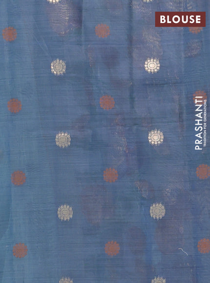 Semi jute silk saree teal blue shade and blue with thread & zari woven buttas and floral design weaving pallu