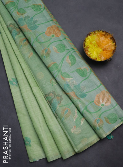 Semi jute silk saree pista green and teal green with thread & zari woven buttas and floral design weaving pallu