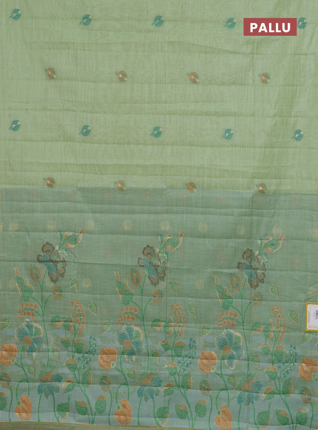 Semi jute silk saree pista green and teal green with thread & zari woven buttas and floral design weaving pallu