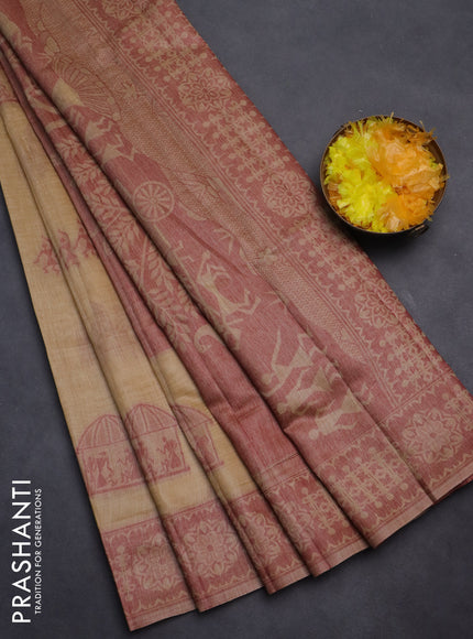 Semi jute silk saree sandal and maroon with thread woven warli buttas and warli design weaving pallu
