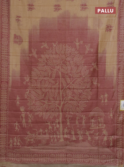 Semi jute silk saree sandal and maroon with thread woven warli buttas and warli design weaving pallu