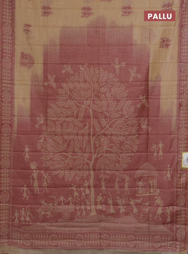 Semi jute silk saree sandal and maroon with thread woven warli buttas and warli design weaving pallu