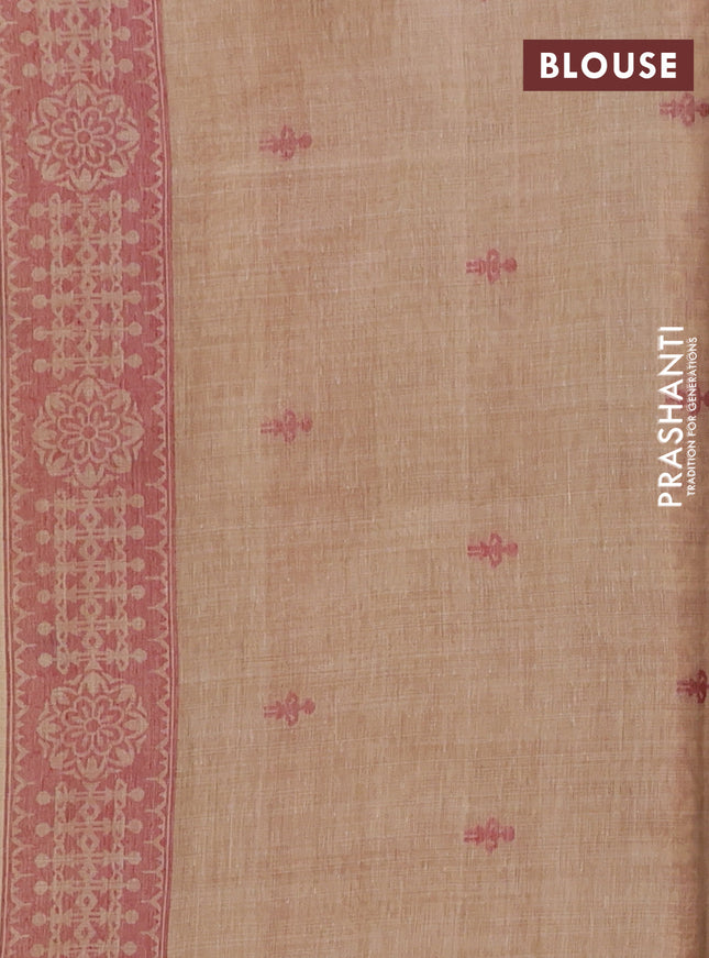 Semi jute silk saree sandal and maroon with thread woven warli buttas and warli design weaving pallu