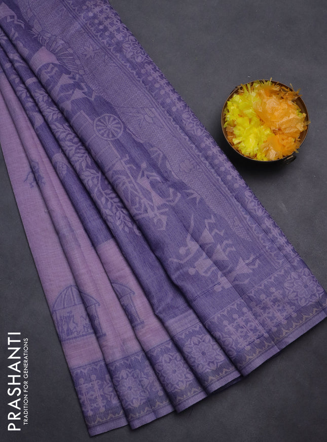 Semi jute silk saree lavender and blue with thread woven warli buttas and warli design weaving pallu