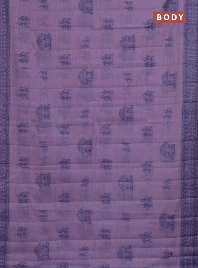 Semi jute silk saree lavender and blue with thread woven warli buttas and warli design weaving pallu
