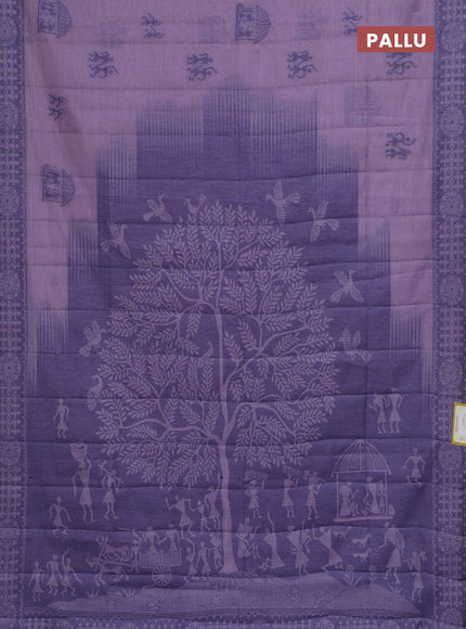 Semi jute silk saree lavender and blue with thread woven warli buttas and warli design weaving pallu