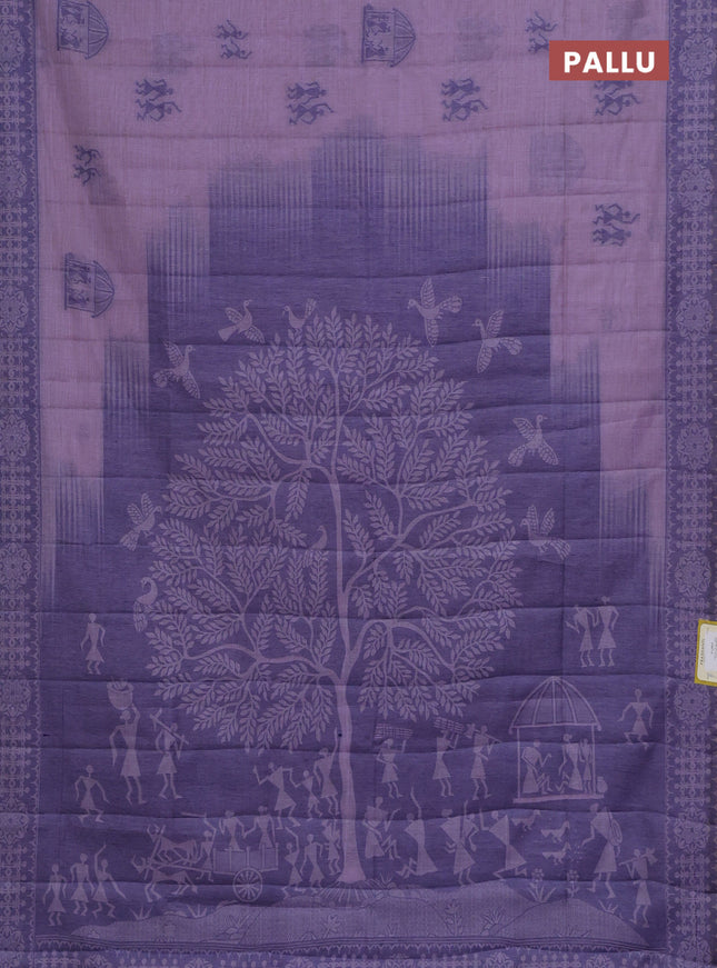 Semi jute silk saree lavender and blue with thread woven warli buttas and warli design weaving pallu