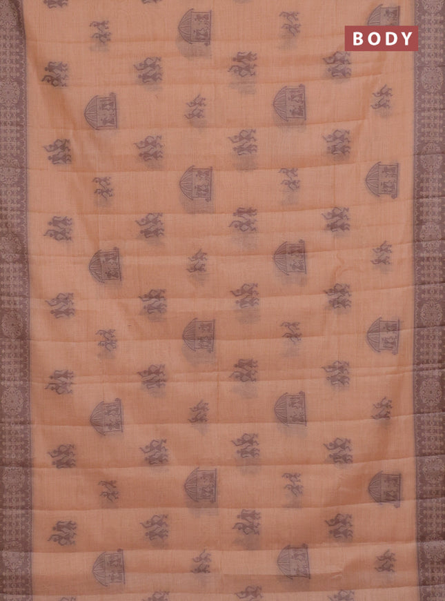 Semi jute silk saree pale orange and brown with thread woven warli buttas and warli design weaving pallu