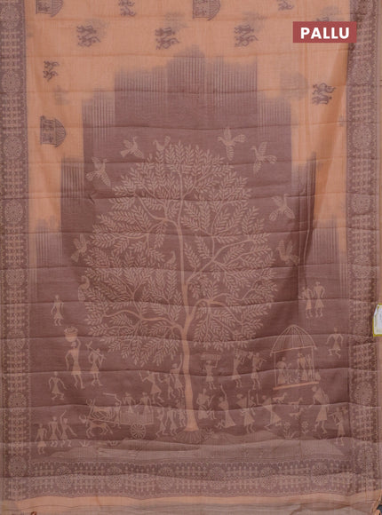 Semi jute silk saree pale orange and brown with thread woven warli buttas and warli design weaving pallu