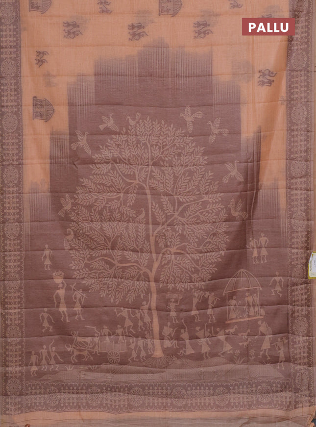 Semi jute silk saree pale orange and brown with thread woven warli buttas and warli design weaving pallu