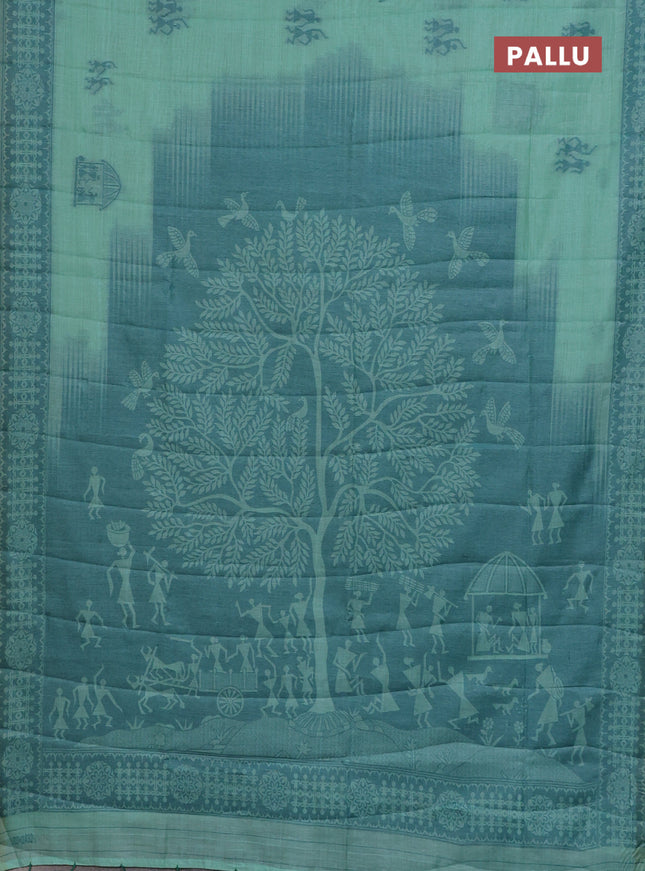 Semi jute silk saree teal green shade and peacock green with thread woven warli buttas and warli design weaving pallu
