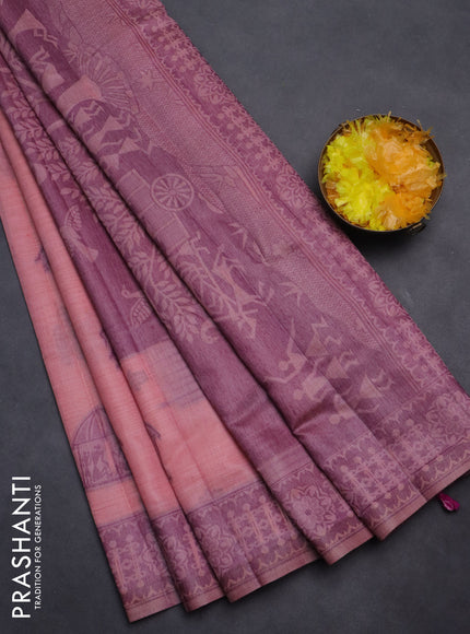 Semi jute silk saree peach pink and wine shade with thread woven warli buttas and warli design weaving pallu