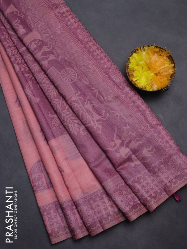 Semi jute silk saree peach pink and wine shade with thread woven warli buttas and warli design weaving pallu