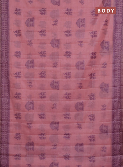 Semi jute silk saree peach pink and wine shade with thread woven warli buttas and warli design weaving pallu