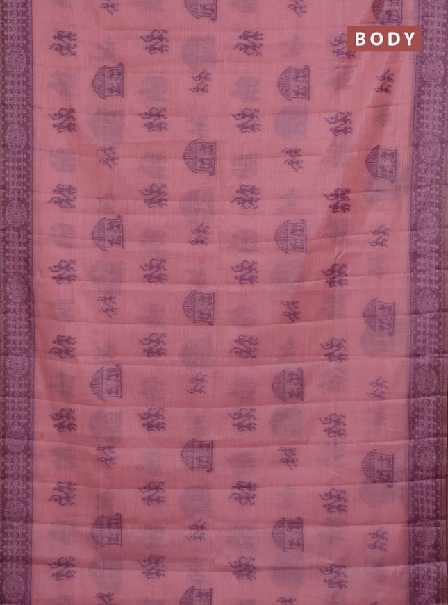 Semi jute silk saree peach pink and wine shade with thread woven warli buttas and warli design weaving pallu