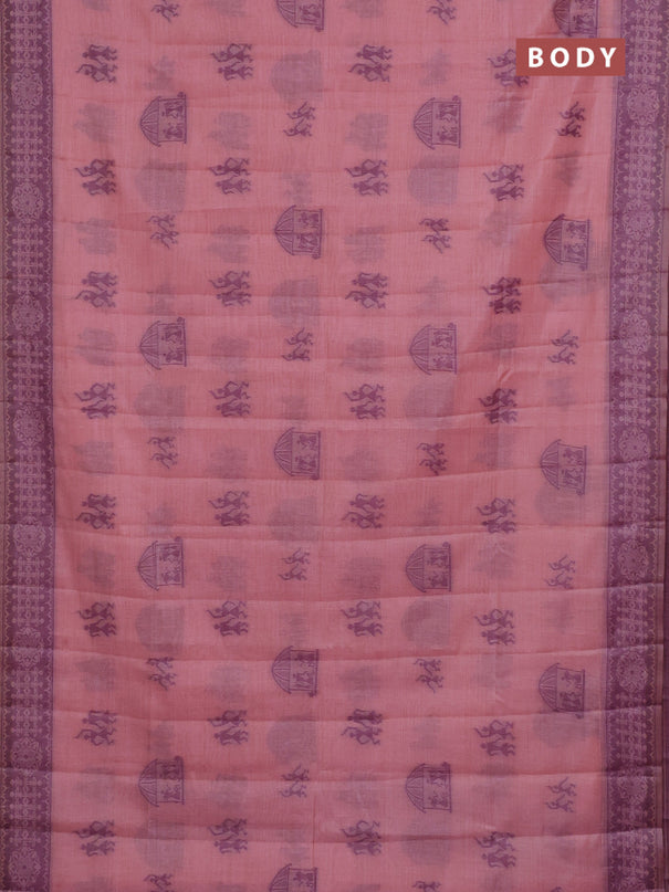 Semi jute silk saree peach pink and wine shade with thread woven warli buttas and warli design weaving pallu