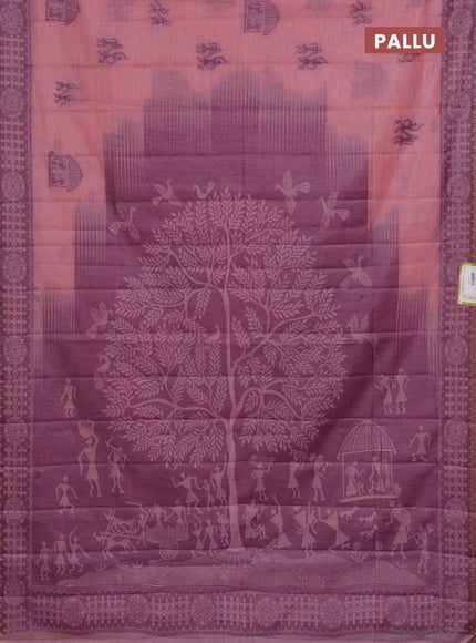 Semi jute silk saree peach pink and wine shade with thread woven warli buttas and warli design weaving pallu
