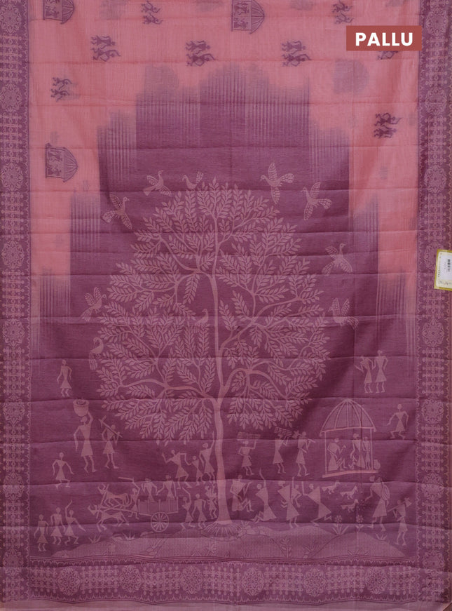 Semi jute silk saree peach pink and wine shade with thread woven warli buttas and warli design weaving pallu