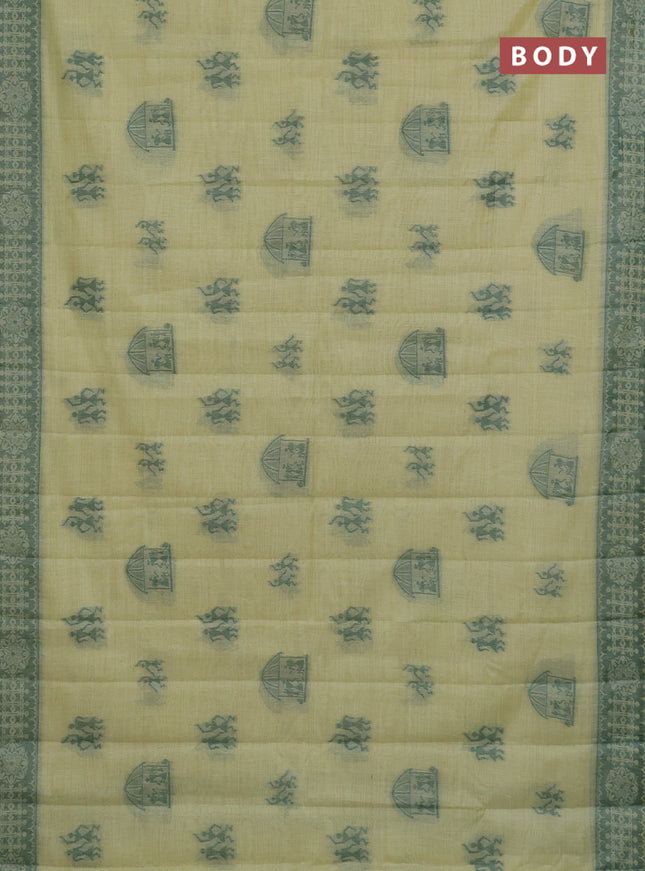 Semi jute silk saree pista green and green with thread woven warli buttas and warli design weaving pallu