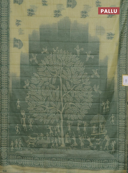 Semi jute silk saree pista green and green with thread woven warli buttas and warli design weaving pallu