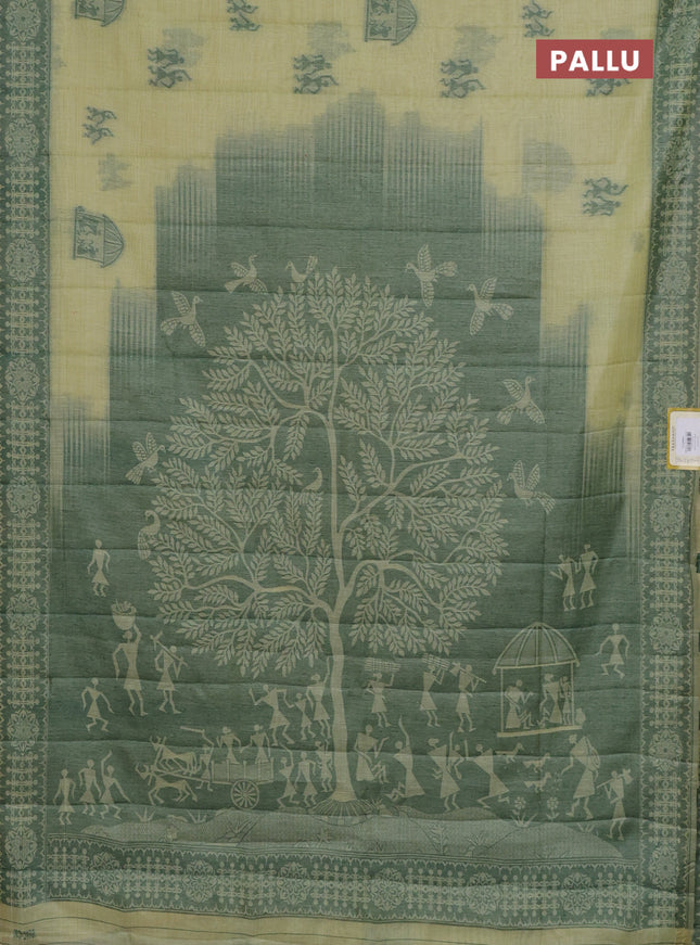 Semi jute silk saree pista green and green with thread woven warli buttas and warli design weaving pallu