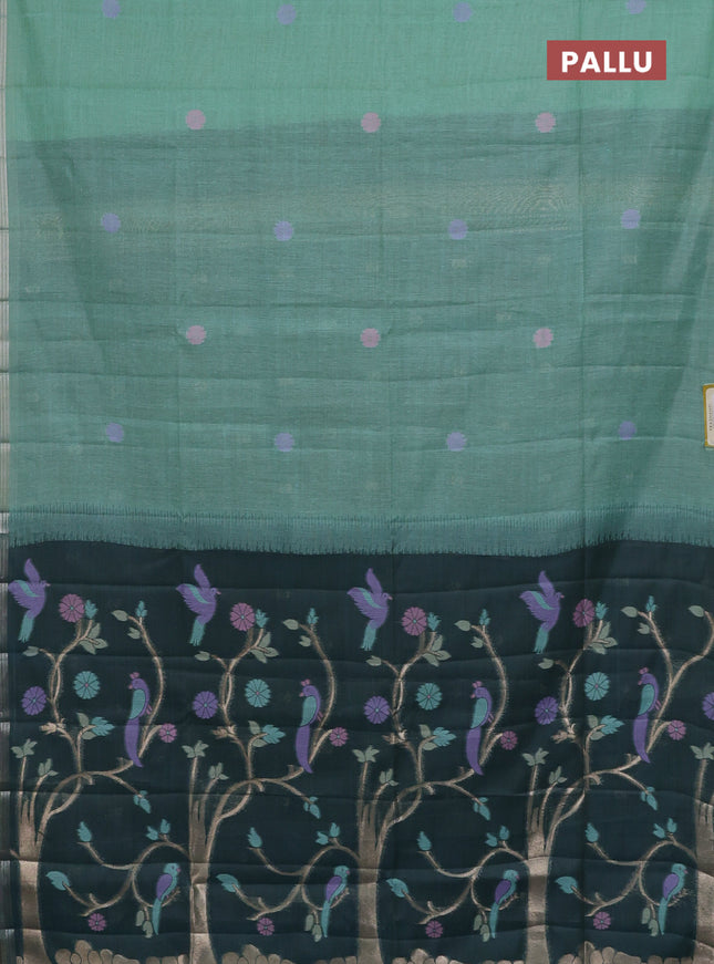 Semi jute silk saree teal green and peacock green with thread & zari woven buttas and thread woven pallu