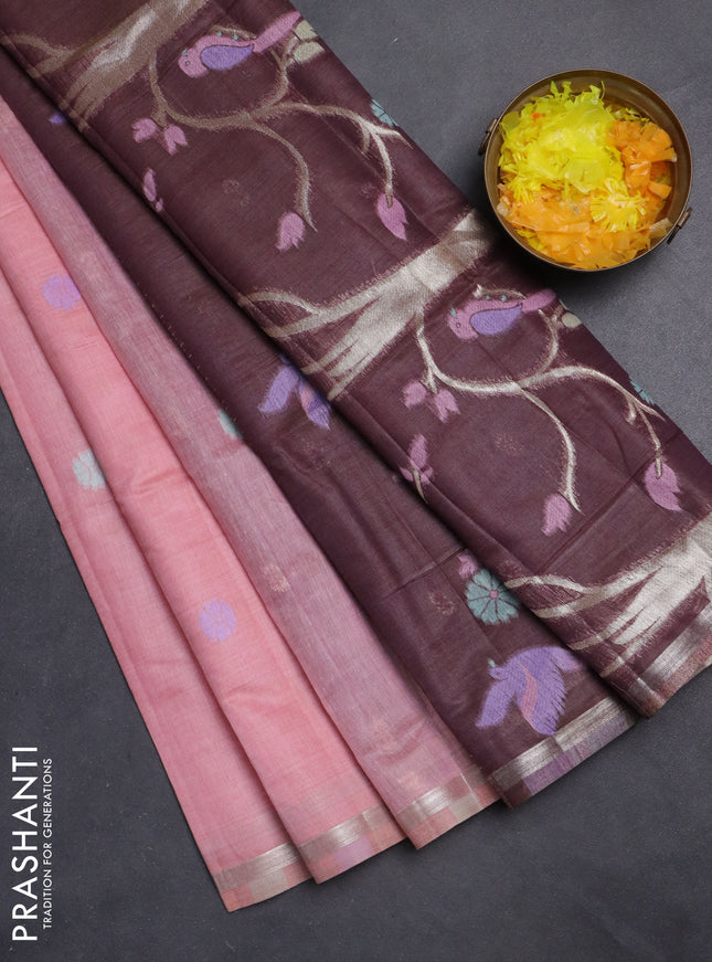 Semi jute silk saree peach shade and wine shade with thread & zari woven buttas and thread woven pallu