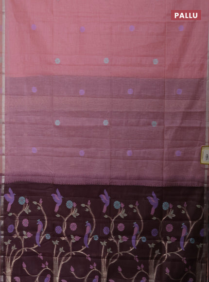 Semi jute silk saree peach shade and wine shade with thread & zari woven buttas and thread woven pallu