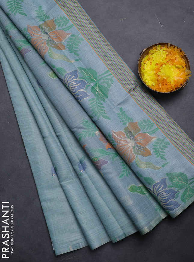 Semi jute silk saree pastel blue and blue with thread woven buttas and floral design weaving pallu