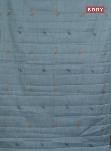 Semi jute silk saree pastel blue and blue with thread woven buttas and floral design weaving pallu