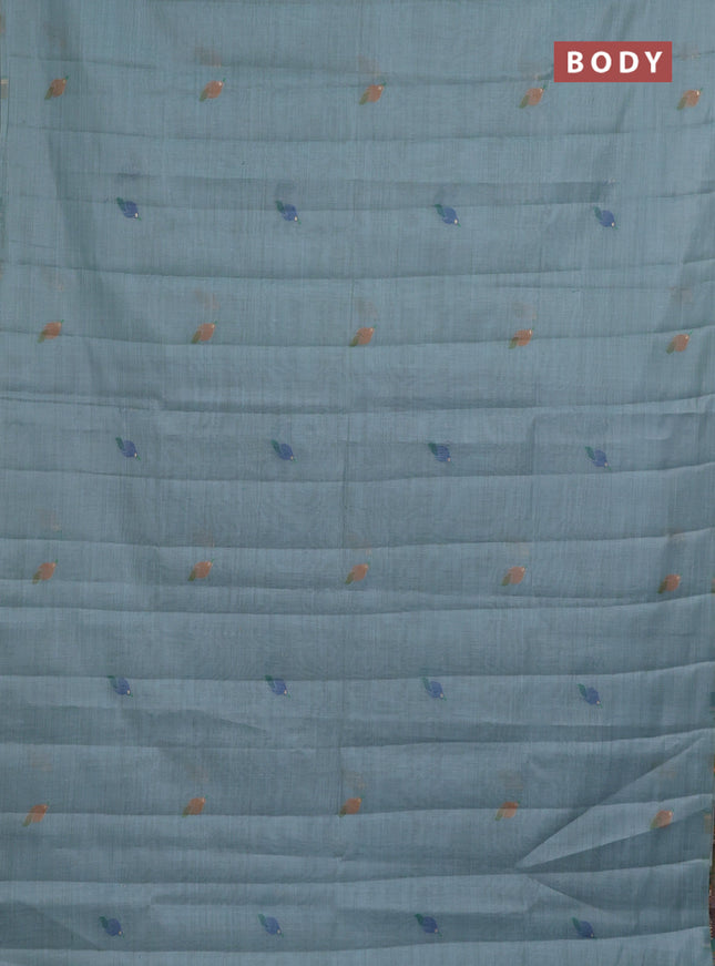 Semi jute silk saree pastel blue and blue with thread woven buttas and floral design weaving pallu