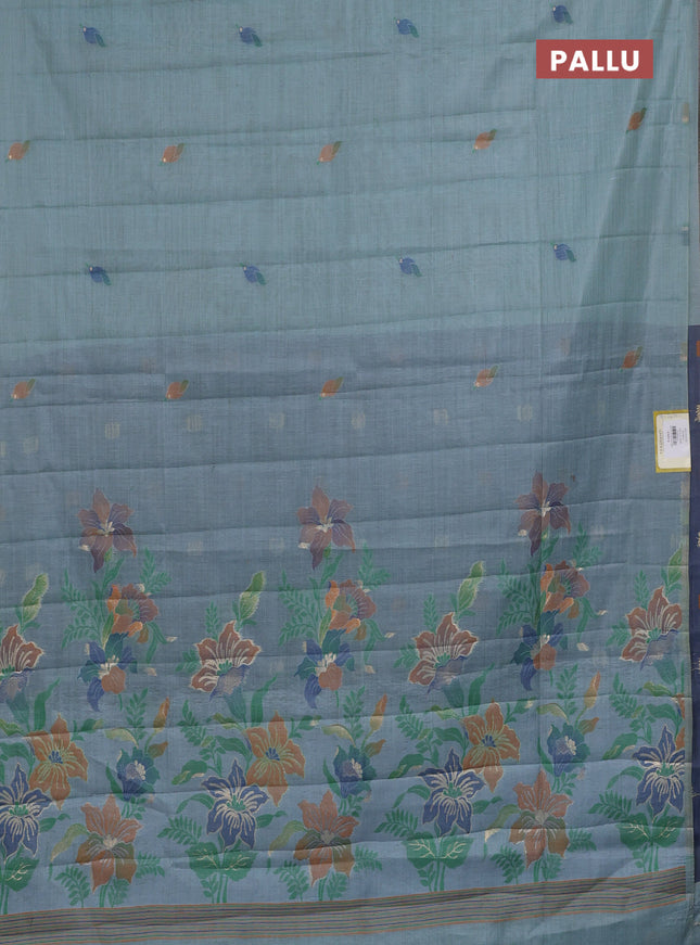Semi jute silk saree pastel blue and blue with thread woven buttas and floral design weaving pallu