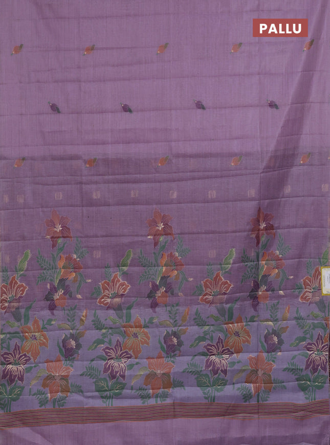 Semi jute silk saree lavender and wine shade with thread woven buttas and floral design weaving pallu