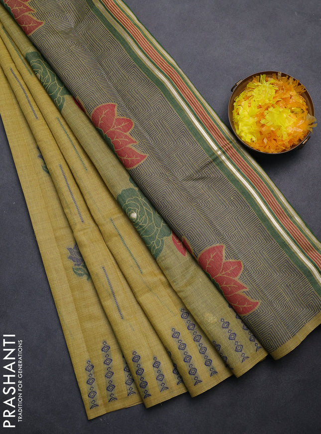 Semi jute silk saree yellow shade and green with thread woven floral buttas and floral design weaving pallu