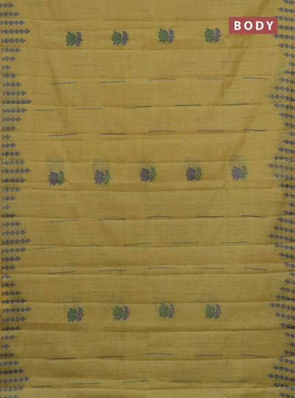 Semi jute silk saree yellow shade and green with thread woven floral buttas and floral design weaving pallu