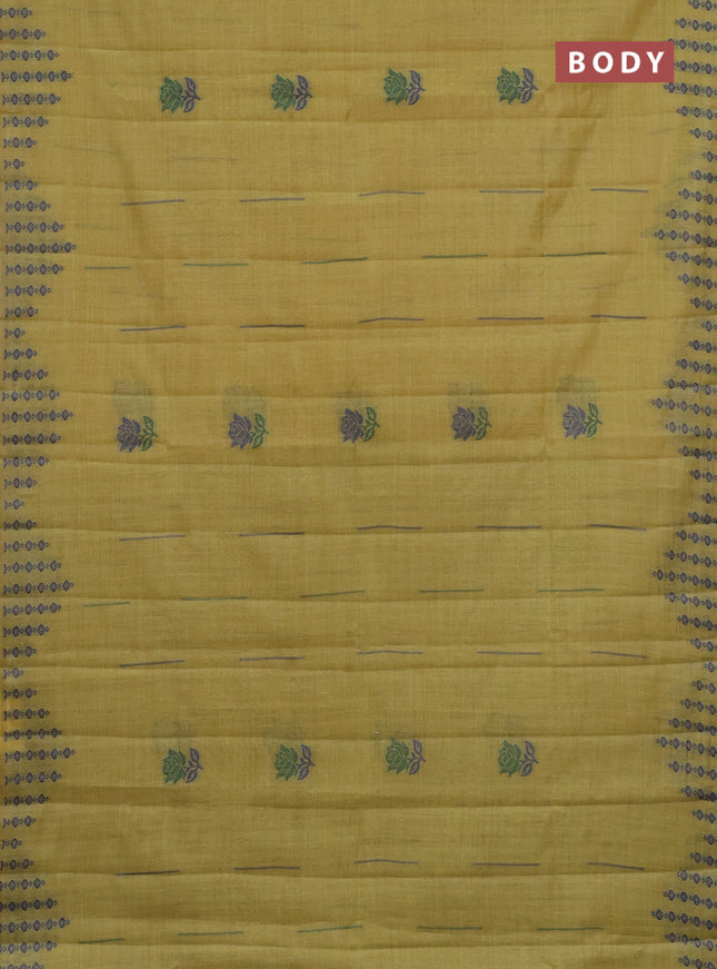 Semi jute silk saree yellow shade and green with thread woven floral buttas and floral design weaving pallu