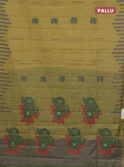 Semi jute silk saree yellow shade and green with thread woven floral buttas and floral design weaving pallu