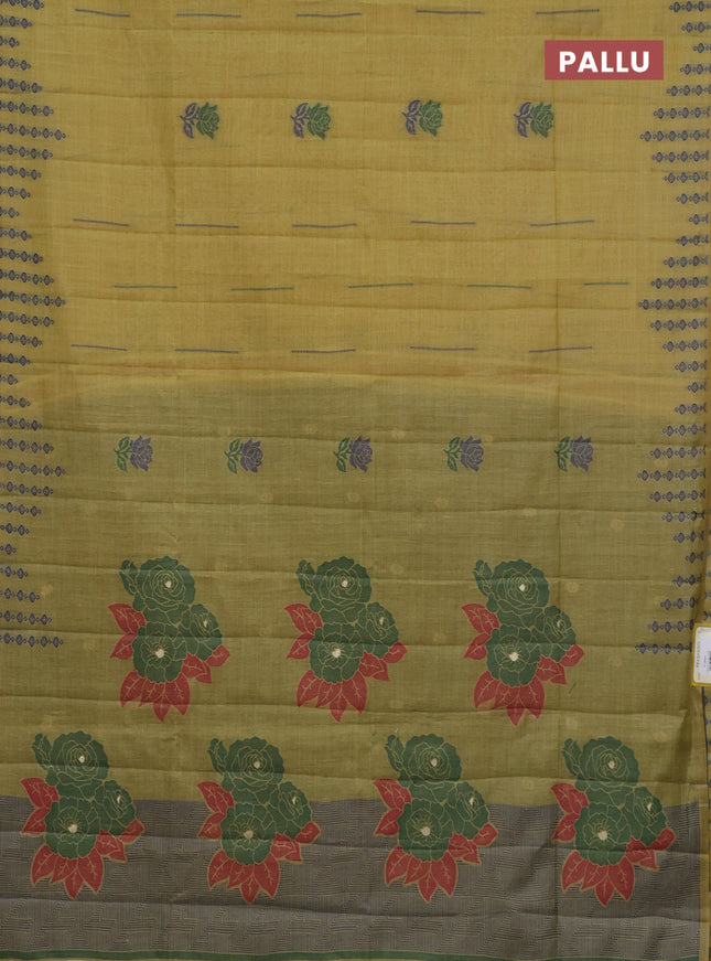 Semi jute silk saree yellow shade and green with thread woven floral buttas and floral design weaving pallu